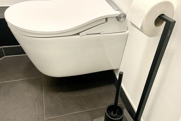 Weißes Dusch-WC mit Toilettenpapierhalter und Klobürste in schwarz daneben